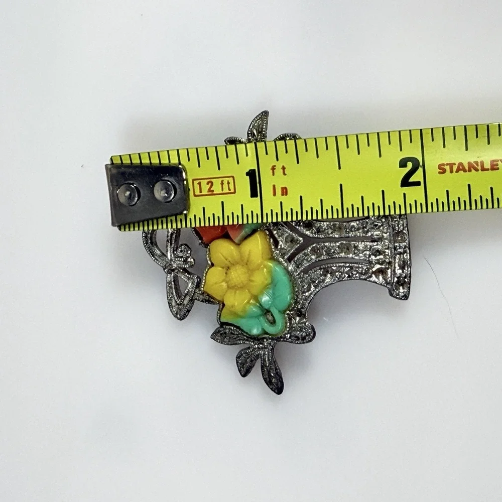 Vintage Pot Metal Brooch Basket of Flowers Celluloid  Flowers MCM FLAWS